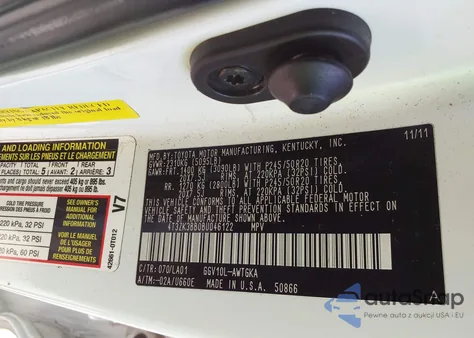 2011 Toyota Venza z USA, uszkodzony, nr VIN 4T3ZK3BB0BU046122